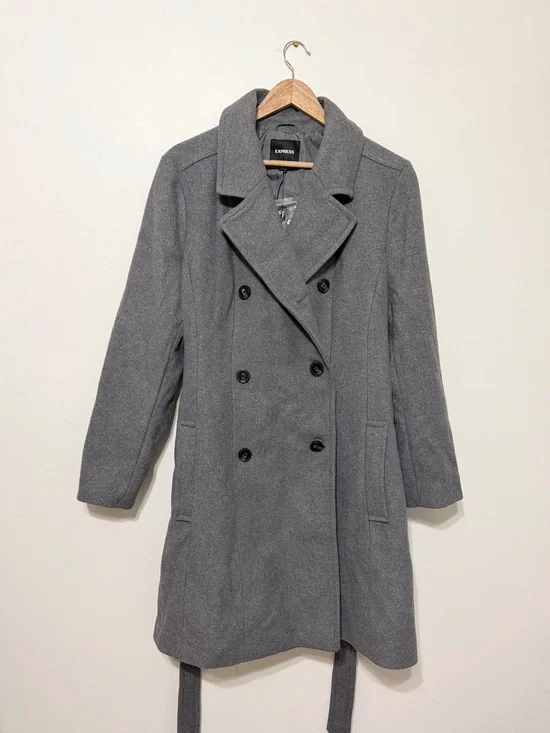 NWT Express Grey Pea Coat Size XL Wool Long Gray Tie NEW Women’s - Picture 2 of 8
